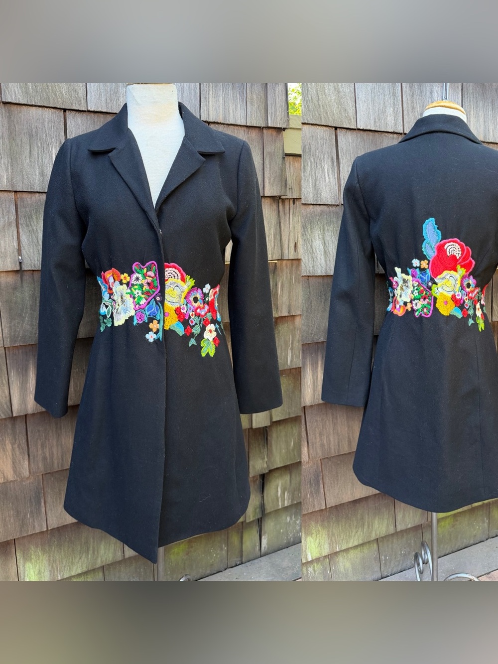 Biya Johnny Was duster jacket coat black wool embroidered floral center Sz S